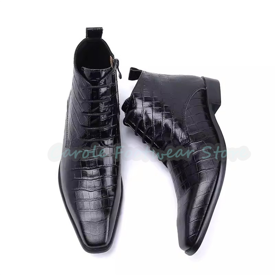 Men Shoes For Wedding - รองเท้าบูทข้อเท้าหนังแท้แฟชั่นสำหรับผู้ชาย หัวแหลม ส้นหนา รองเท้าบูทหุ้มข้อสูงแบบผูกเชือก รองเท้าแต่งงาน รองเท้าธุรกิจ