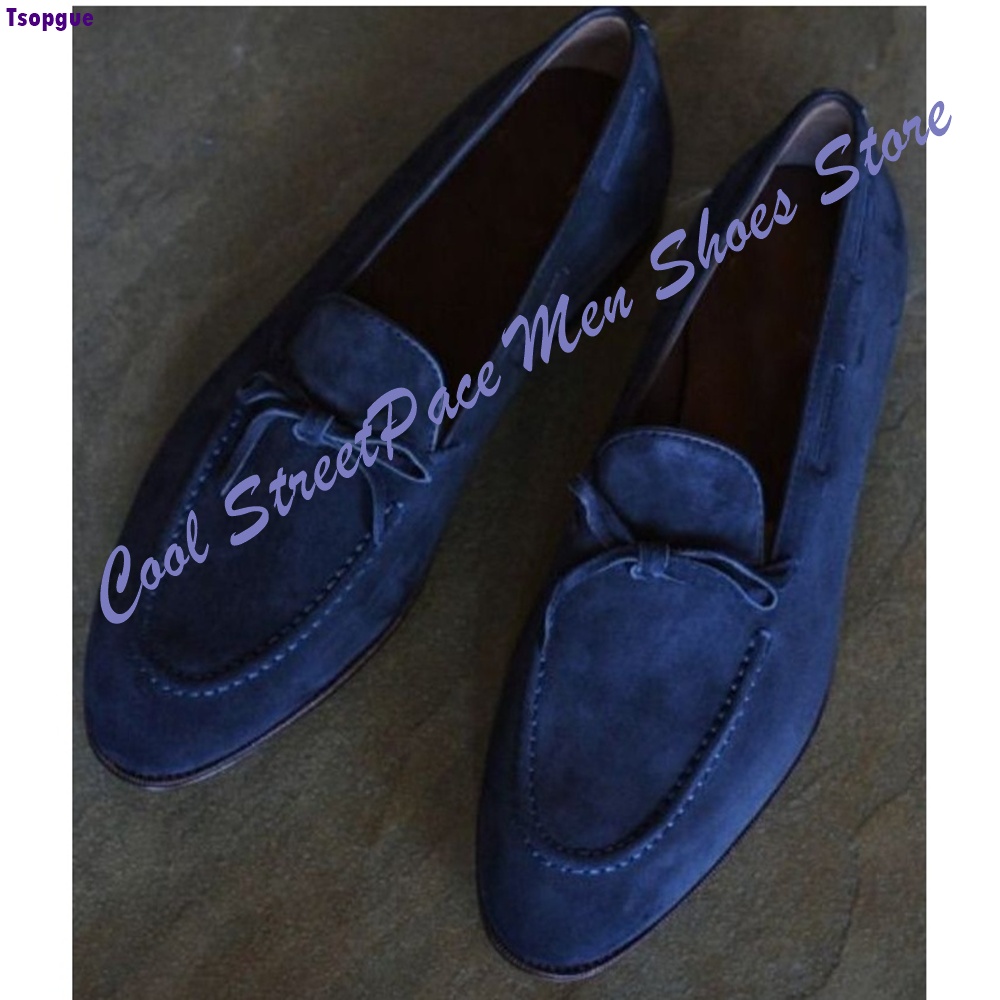 Men'S Shoes Navy Blue - รองเท้าโลฟเฟอร์แบบลำลองสำหรับผู้ชาย สีน้ำเงินกรมท่า หนังกลับ ทรงหัวมน สวมใส่ง่าย เย็บมือ