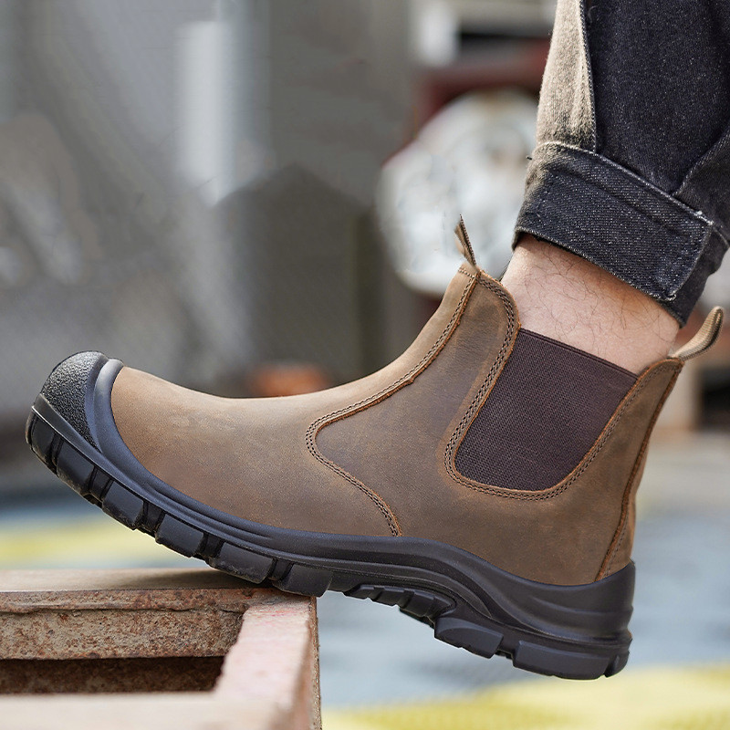 Men Shoes Office - ผู้ชายขนาดใหญ่แฟชั่น Steel Toe ครอบคลุมรองเท้าทํางานหนังวัวความปลอดภัยรองเท้าสีดําสีน้ําตาล WORKER เชลซี