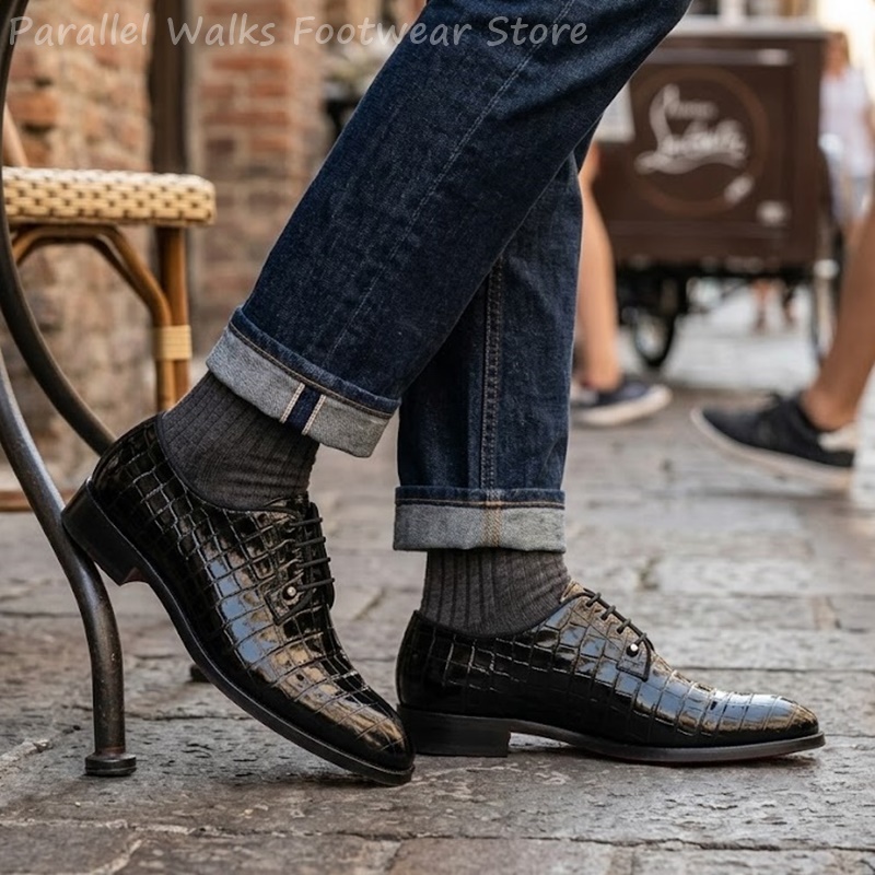 Men Shoes For Wedding - รองเท้าหนังแก้วผู้ชายลายหนังจระเข้ แบบผูกเชือก รองเท้าทางการสำหรับงานเลี้ยง งานแต่งงาน รองเท้าหนังเงาแบบเดอร์บี้
