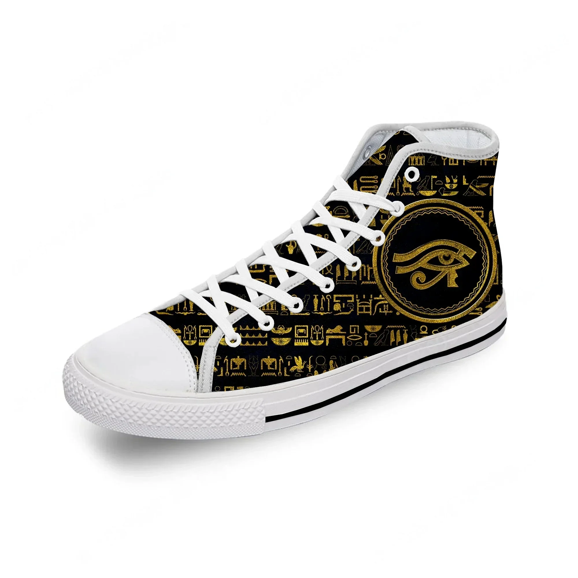 Men Shoes Egypt - รองเท้าผ้าใบหุ้มข้อสูงลายพิมพ์ 3D ลายฮอรัส เทพเจ้าแห่งอียิปต์ ลายดวงตาแห่งอียิปต์ ผ้าขาว