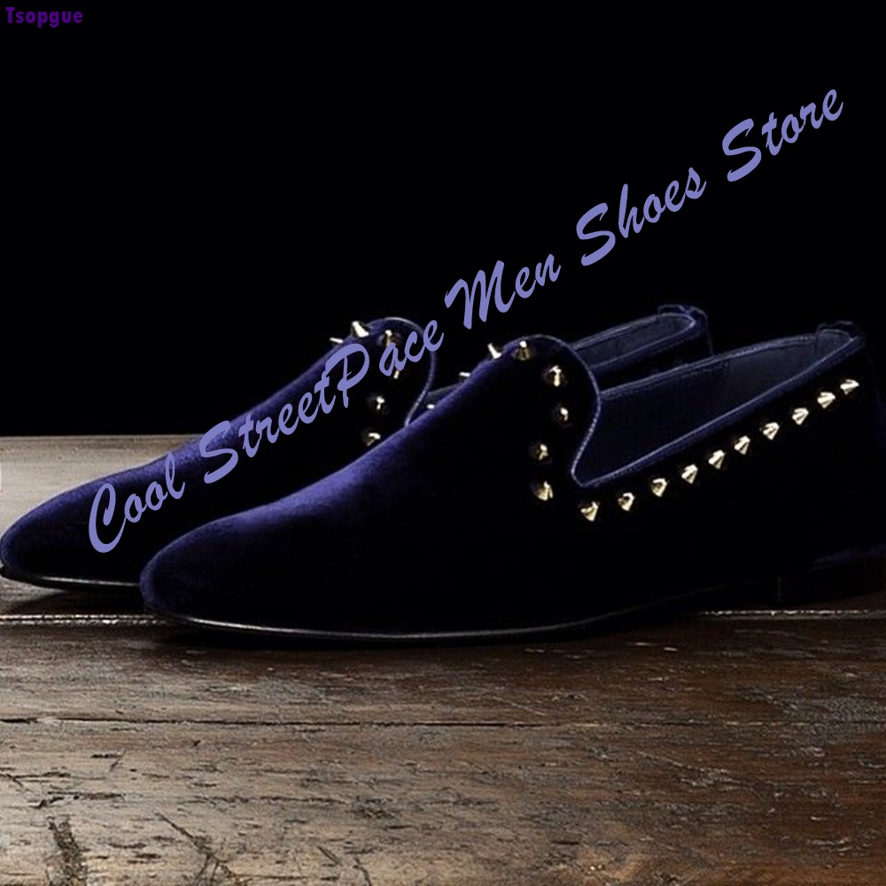 Men'S Shoes Navy Blue - รองเท้าโลฟเฟอร์ผู้ชายสีน้ำเงินกรมท่า ตกแต่งหมุดโลหะสีทอง หัวกลม สวมใส่ง่าย ส้นแบน เหมาะสำหรับงานปาร์ตี้