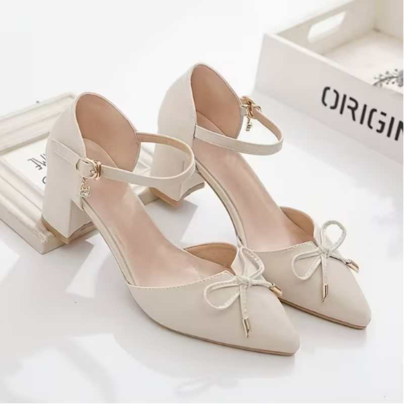 Men Shoes For Wedding - รองเท้าส้นสูงแบบสวมสำหรับผู้หญิง หัวแหลม ประดับโบว์ ส้นหนา เหมาะสำหรับใส่ทำงาน ปาร์ตี้