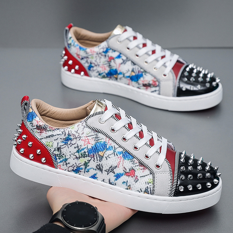 Men Shoes Dior - รองเท้าสเก็ตบอร์ดสไตล์สตรีทใหม่สำหรับผู้ชาย รองเท้าผ้าใบแฟชั่น ทรงเทเปอร์ พร้อมหมุดตกแต่ง รองเท้าลำลองสไตล์พังก์ ฮิปฮอป